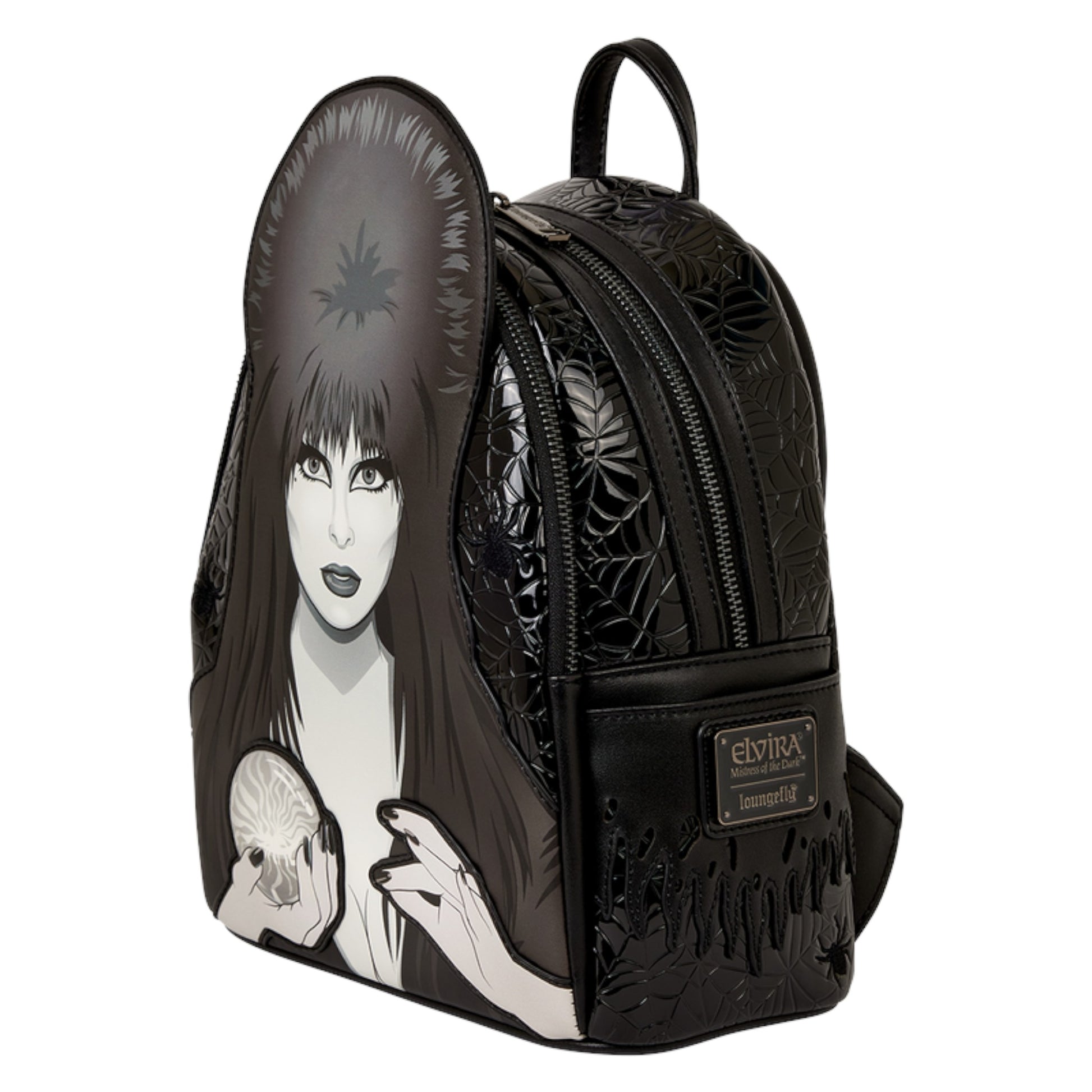 Black backpack with a design of Elvira Mistress Of The Dark  holding a skull, featuring the Elvira brand.