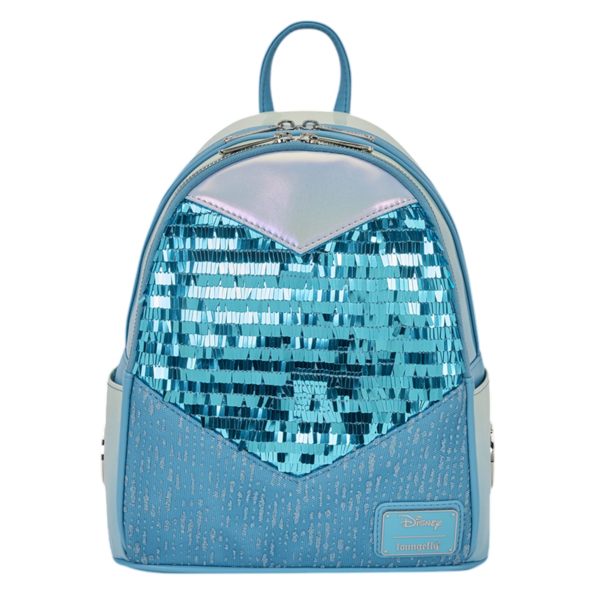 Loungefly Frozen Elsa Glitter Sequin Cosplay Mini Backpack with a Disney  Loungefly logo on a white background