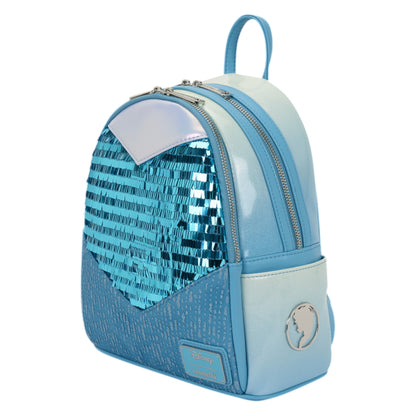 Loungefly Frozen Elsa Glitter Sequin Cosplay Mini Backpack with a Disney  Loungefly logo on a white background
