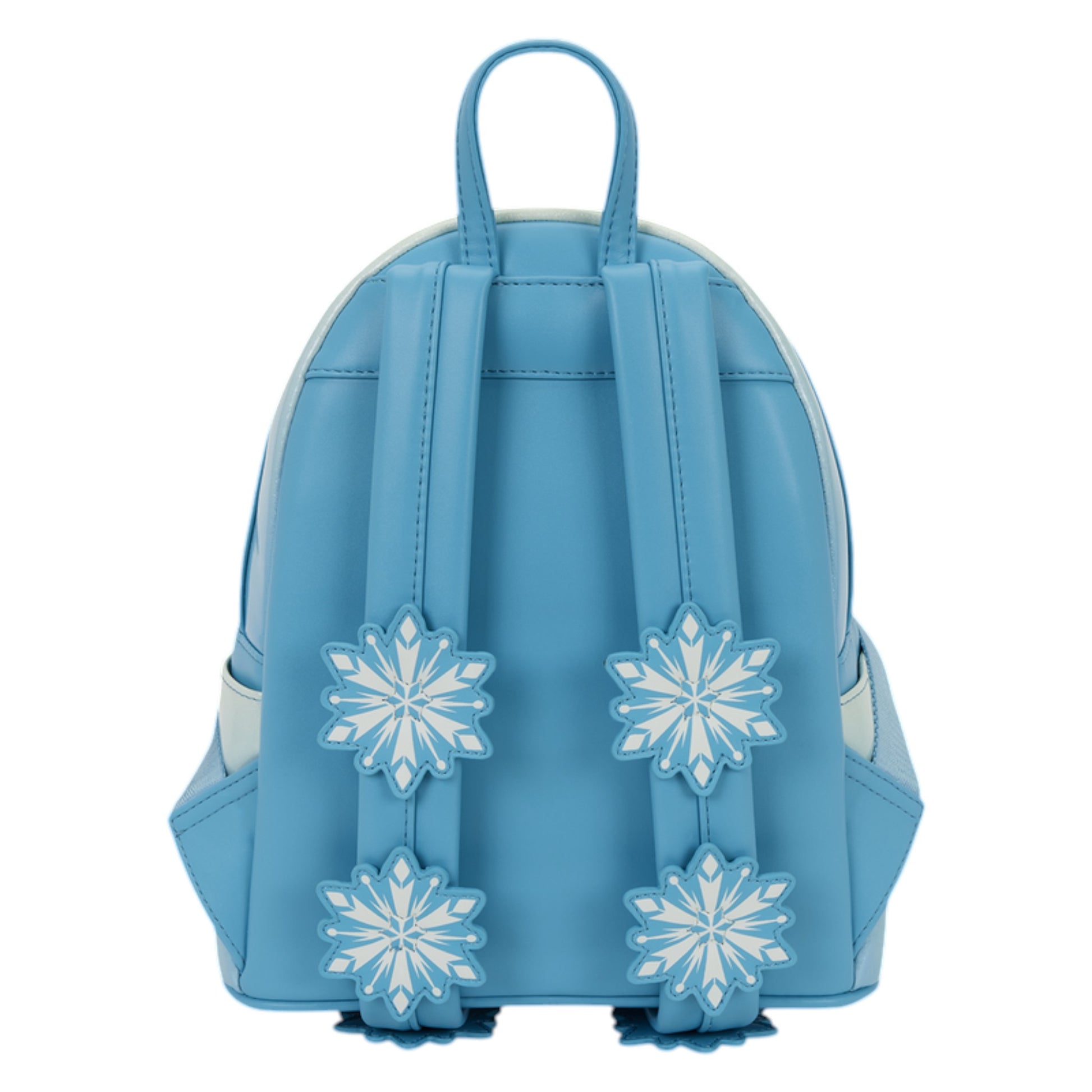 Back of Loungefly Frozen Elsa Glitter Sequin Cosplay Mini Backpack with snowflake designs on blue straps on a white background