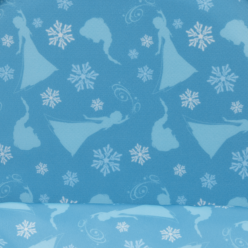 Inside of Loungefly Frozen Elsa Glitter Sequin Cosplay Mini Backpack with pattern of Elsa character and snowflakes on a blue background