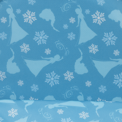 Inside of Loungefly Frozen Elsa Glitter Sequin Cosplay Mini Backpack with pattern of Elsa character and snowflakes on a blue background