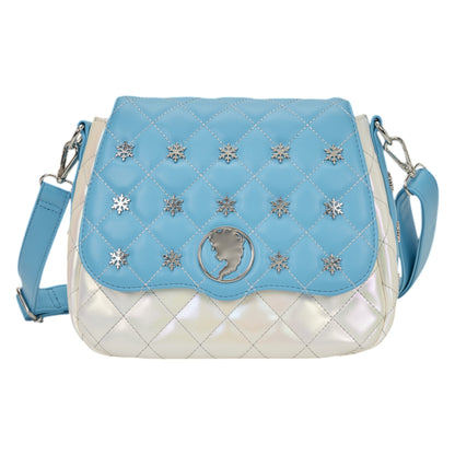 Blue and white quilted Loungefly Frozen Elsa Pearlescent Crossbody Bag with silver snowflake-shaped embellishments on a white background