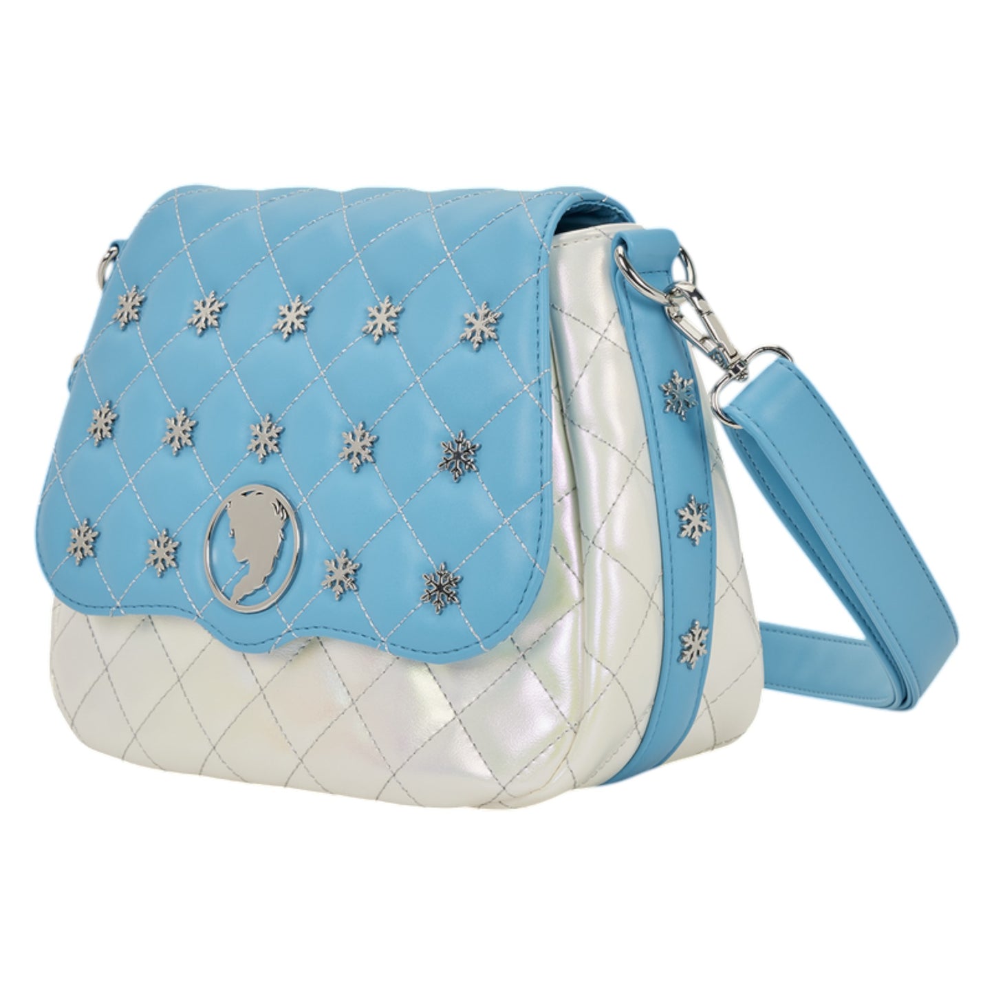 Blue and white quilted Loungefly Frozen Elsa Pearlescent Crossbody Bag with silver snowflake-shaped embellishments on a white background