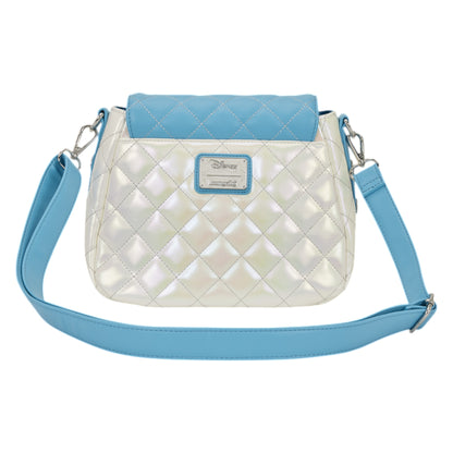 Back of Blue and white quilted Loungefly Frozen Elsa Pearlescent Crossbody Bag with ight blue strap and top on a white background