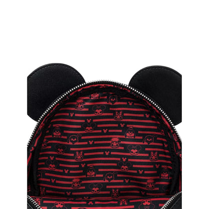 Backpack with black and red Mickey & Minnie Mouse pattern on a white background