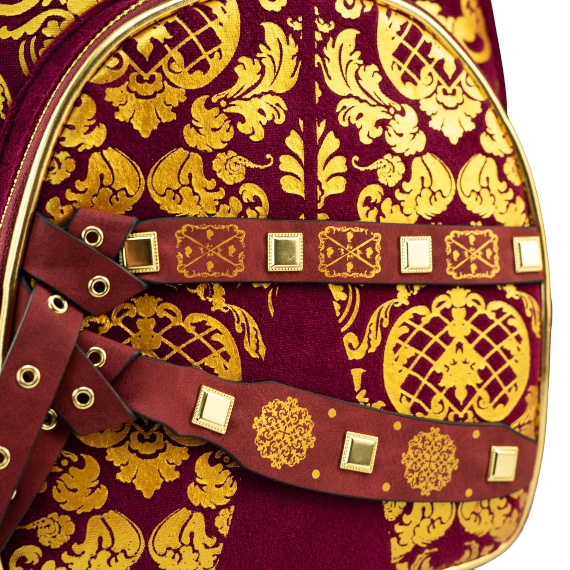 Game of Thrones Joffrey Baratheon Cosplay Mini Backpack with gold floral patterns and decorative straps on a white background