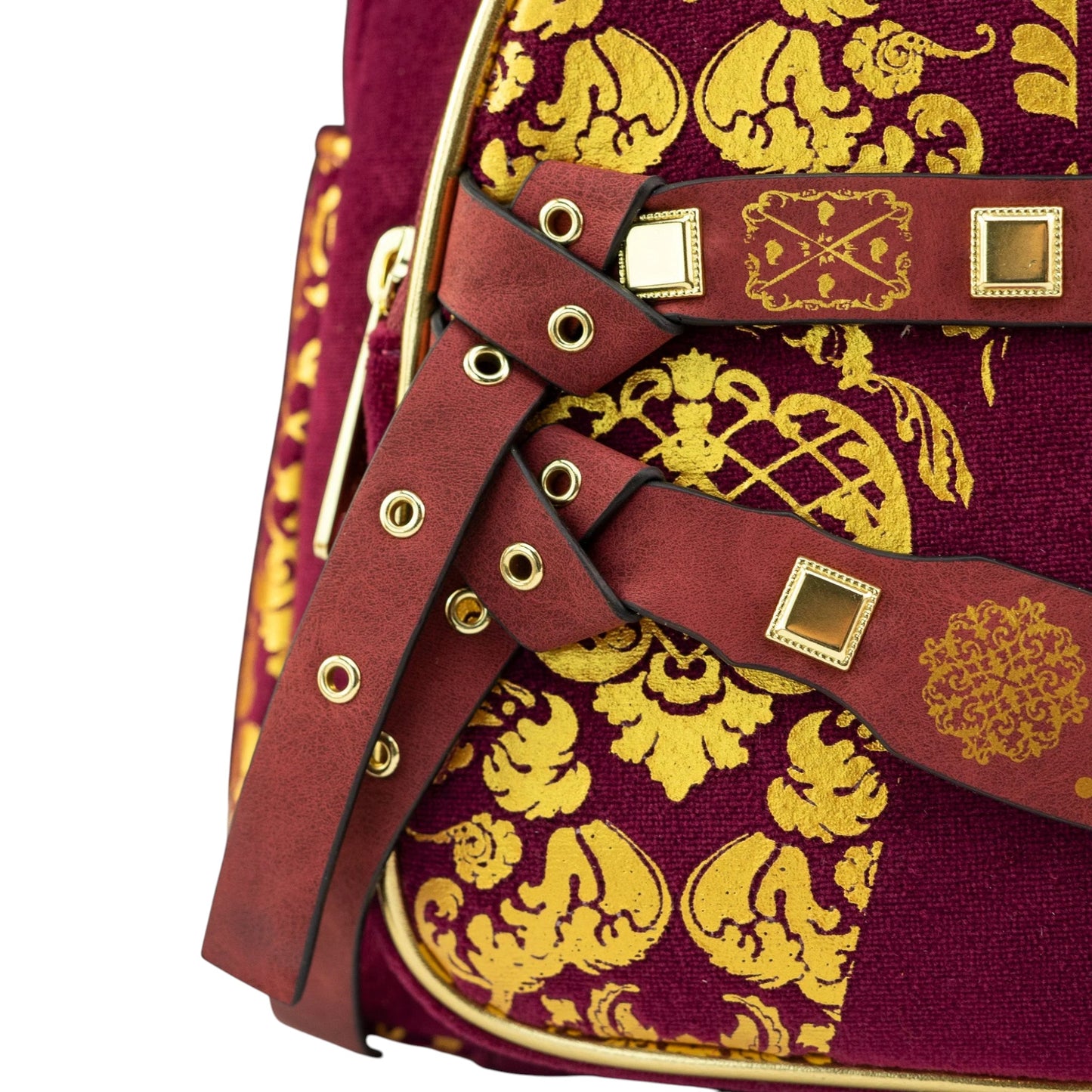 Game of Thrones Joffrey Baratheon Cosplay Mini Backpack with gold floral patterns and decorative straps on a white background
