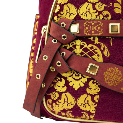 Game of Thrones Joffrey Baratheon Cosplay Mini Backpack with gold floral patterns and decorative straps on a white background