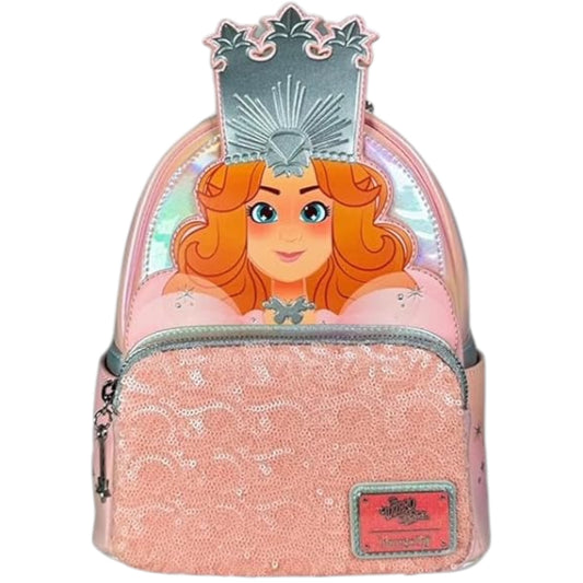 Wizard of Oz Glinda the Good Witch Cosplay Mini Backpack with Good Witch design and pink glittery texture on a white background