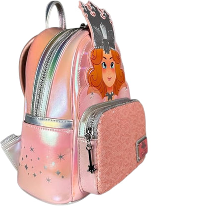 Wizard of Oz Glinda the Good Witch Cosplay Mini Backpack with Good Witch design and pink glittery texture  on a white background