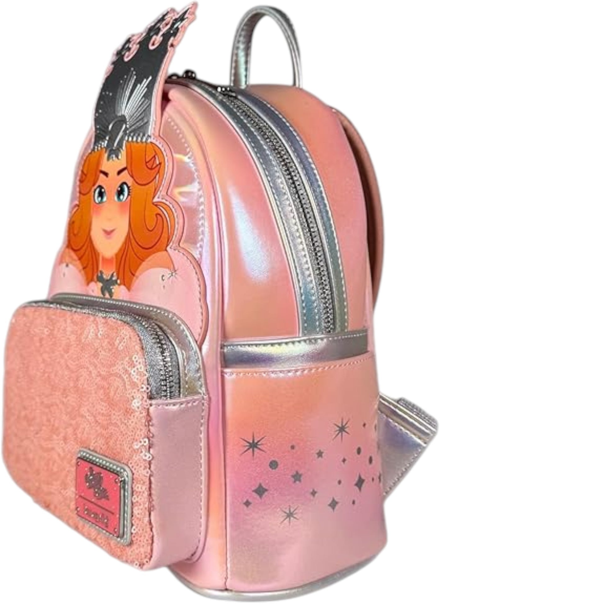 Wizard of Oz Glinda the Good Witch Cosplay Mini Backpack with Good Witch design and pink glittery texture on a white background