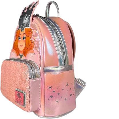 Wizard of Oz Glinda the Good Witch Cosplay Mini Backpack with Good Witch design and pink glittery texture on a white background