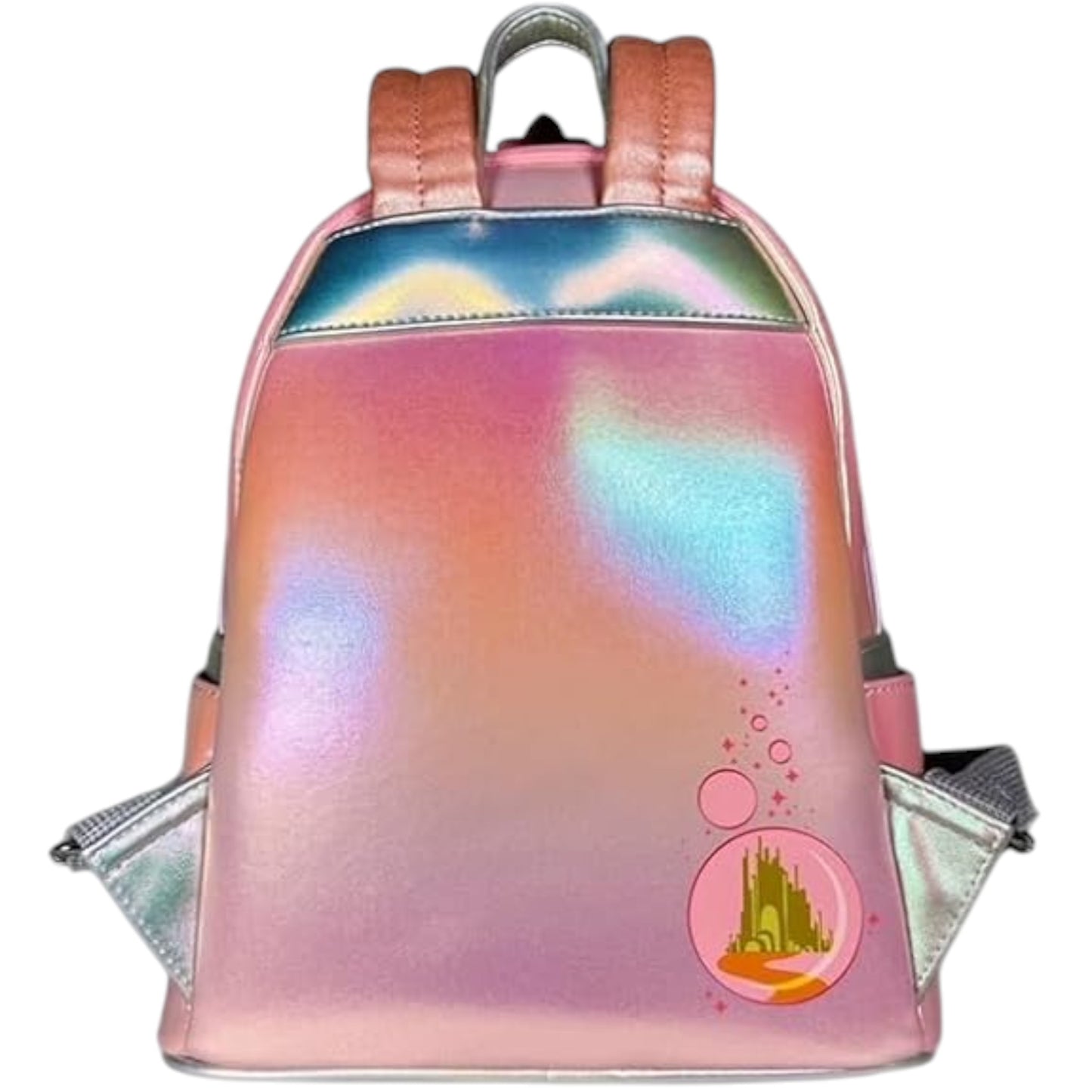Wizard of Oz Glinda the Good Witch Cosplay Mini Backpack with colorful gradient design and castle emblem on a white background