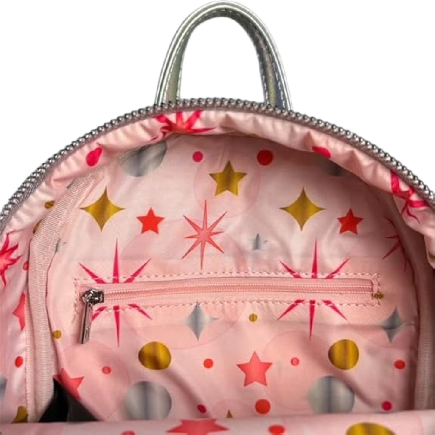 Pink Wizard of Oz Glinda the Good Witch Cosplay Mini Backpack with star and polka dot pattern on a white background