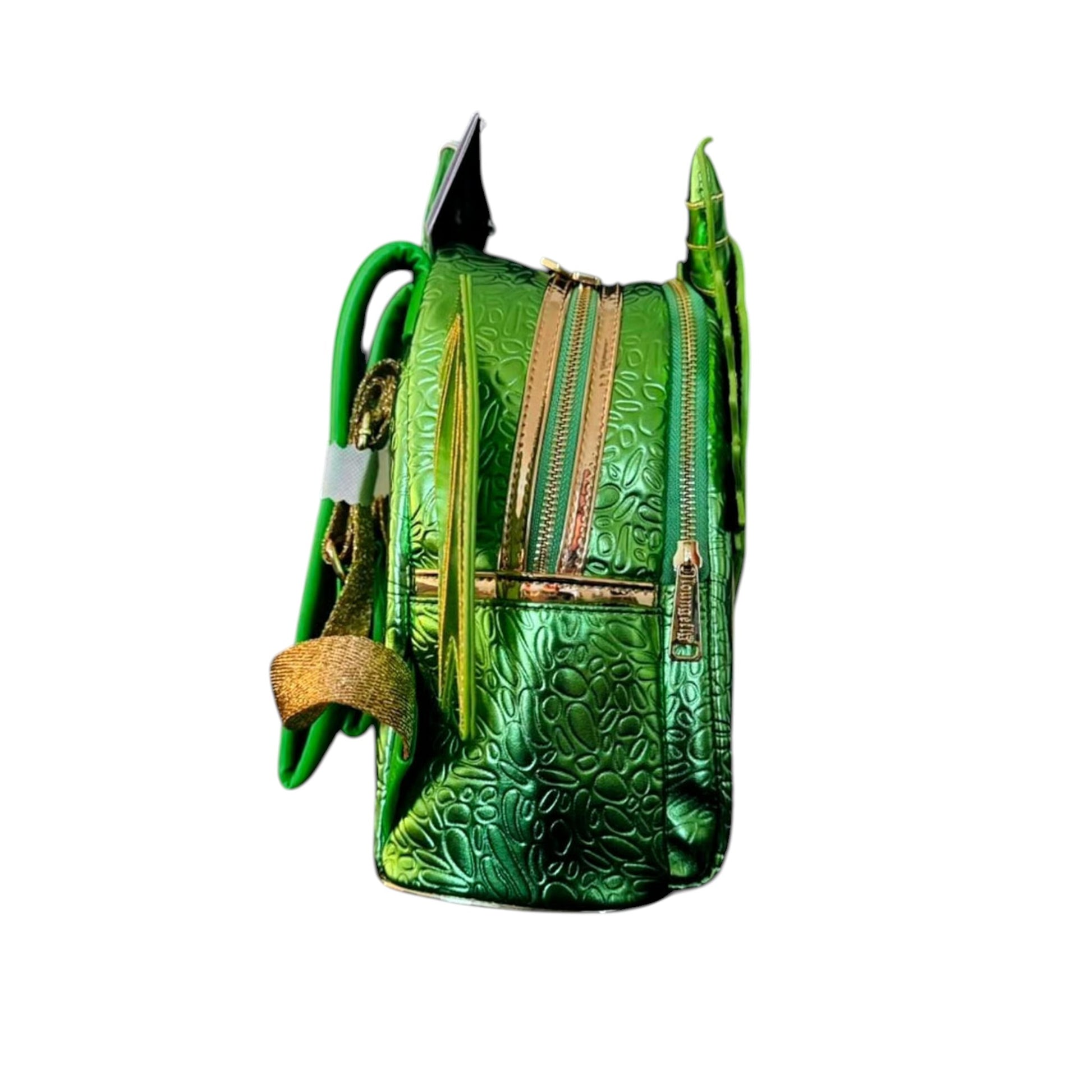 Green textured Green Dragon Mini Backpack with gold zippers on a white background