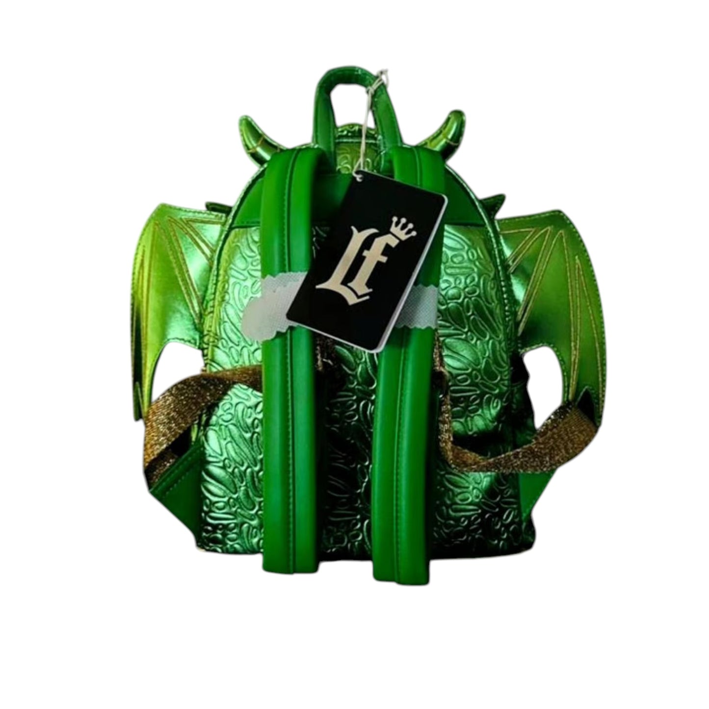 Green dragon-shaped Green Dragon Mini Backpack with a brand tag on a white background