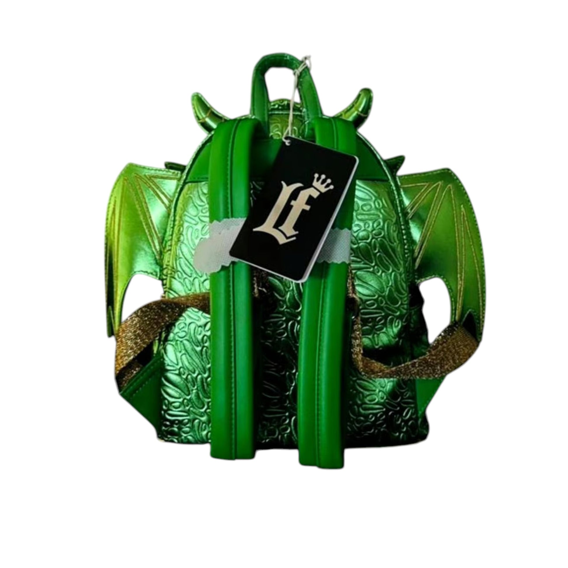 Green dragon-shaped Green Dragon Mini Backpack with a brand tag on a white background