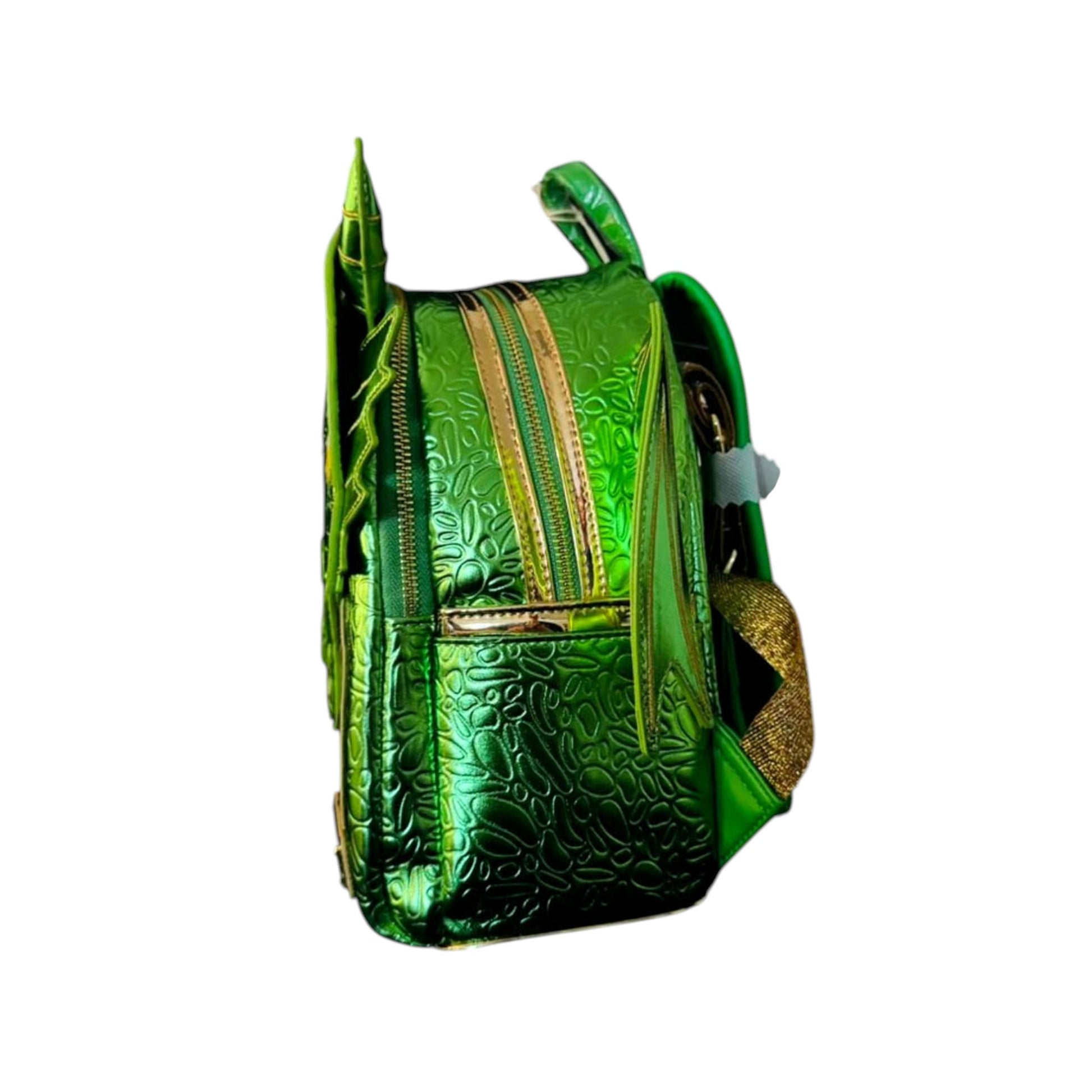 Green embossed Green Dragon Mini Backpack on a white background
