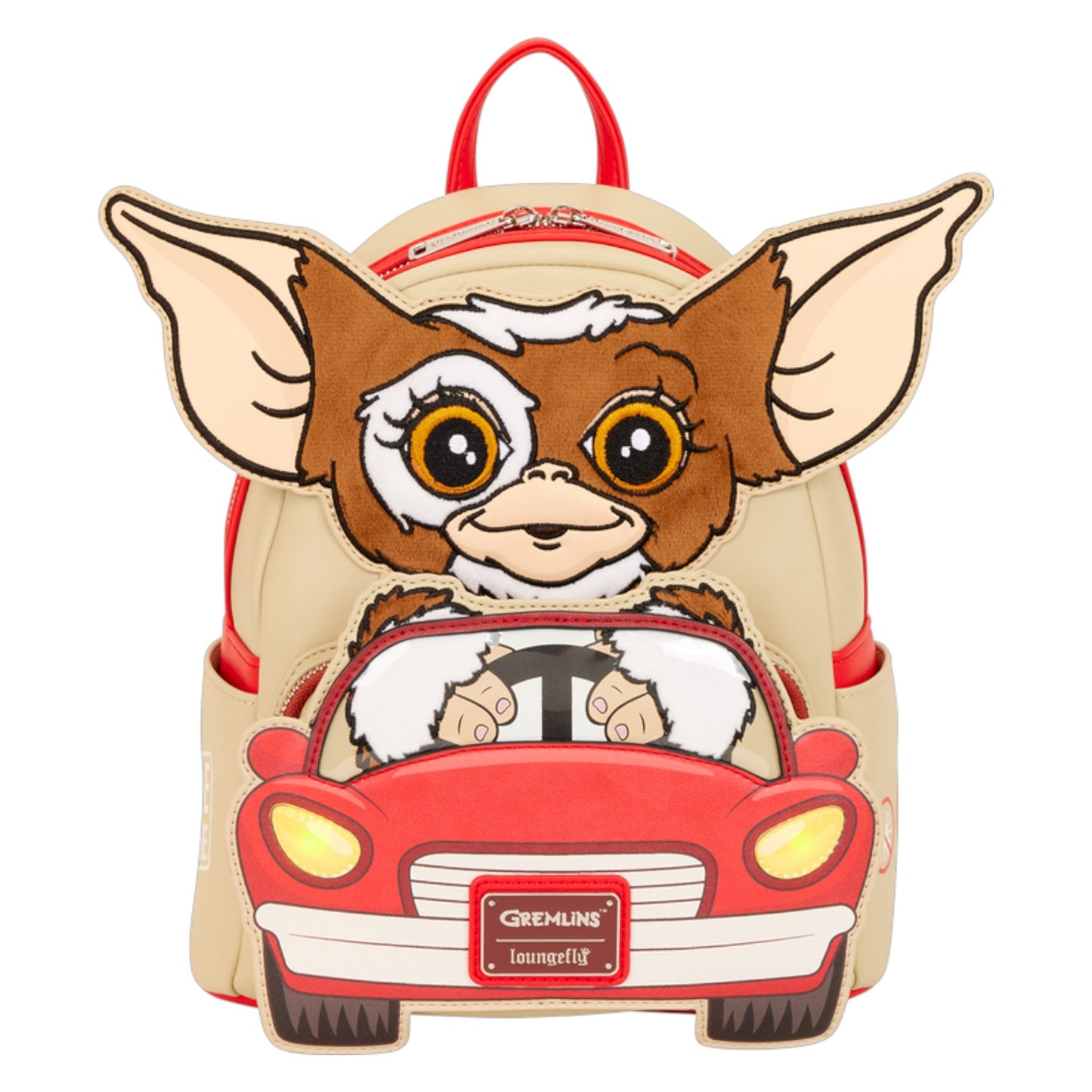 Backpack with Gremlins Gizmo character driving a car, inspired by Gremlins, on a white background.