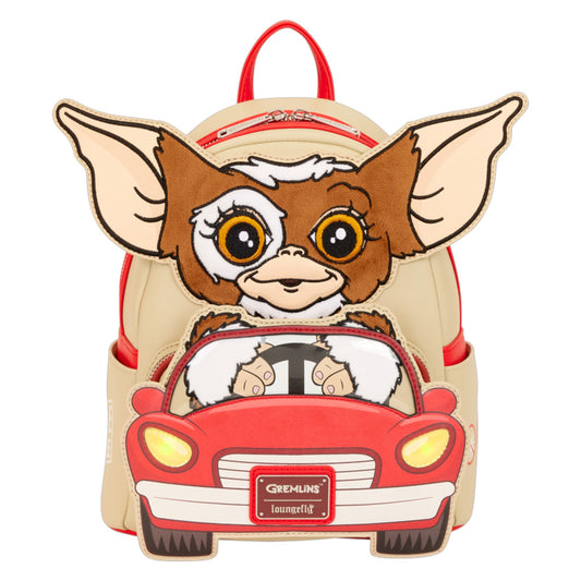 Backpack with Gremlins Gizmo character driving a car, inspired by Gremlins, on a white background.