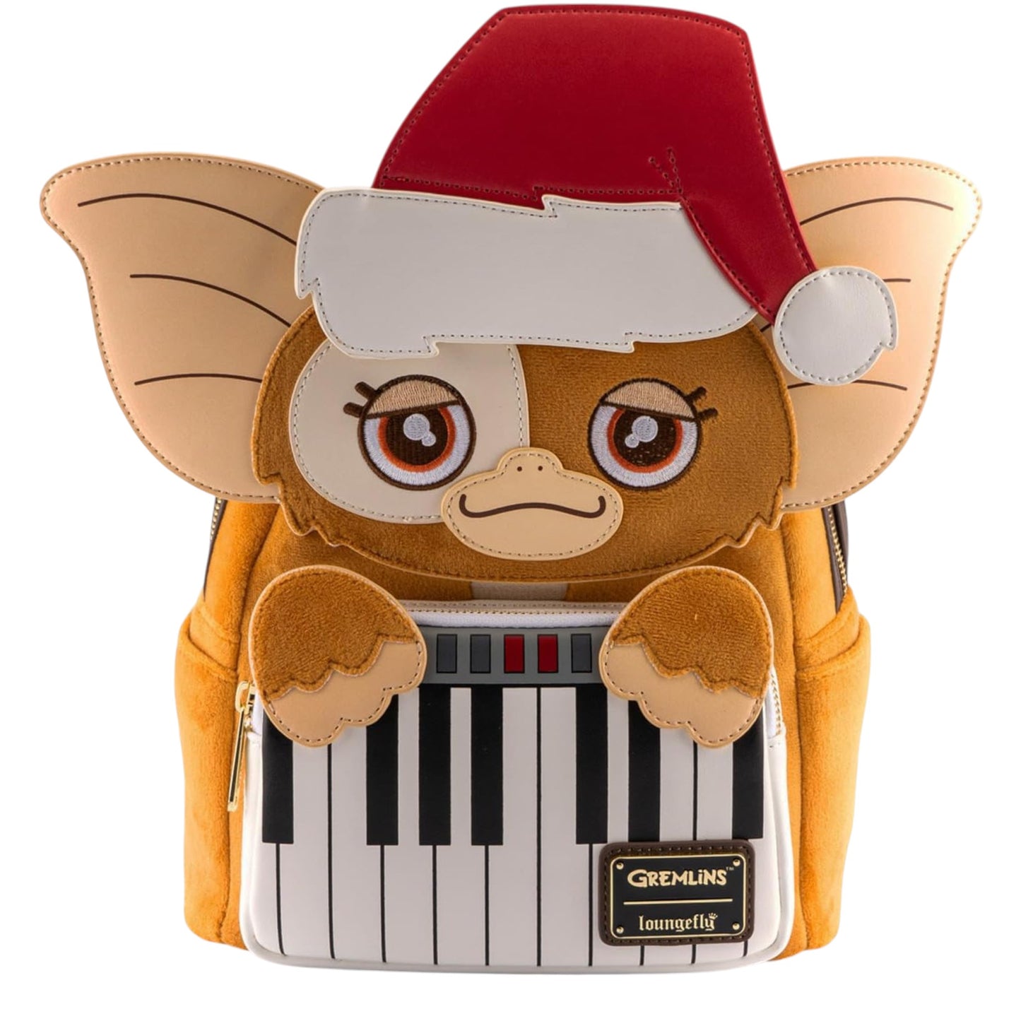 Backpack with Gremlins Gizmo Holiday character design featuring a red santa hat and piano keys on a white background