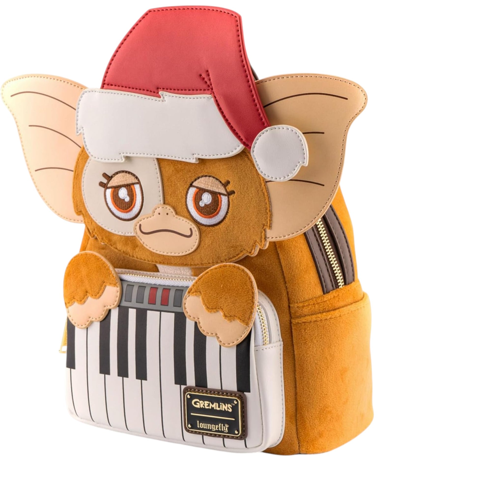 Backpack designed like Gremlins Gizmo Holiday from a movie, with a white background