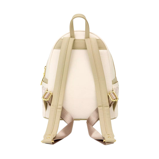 Back of Loungefly Harry Potter Hedwig Ornamental Mini Backpack with beige straps on a white background