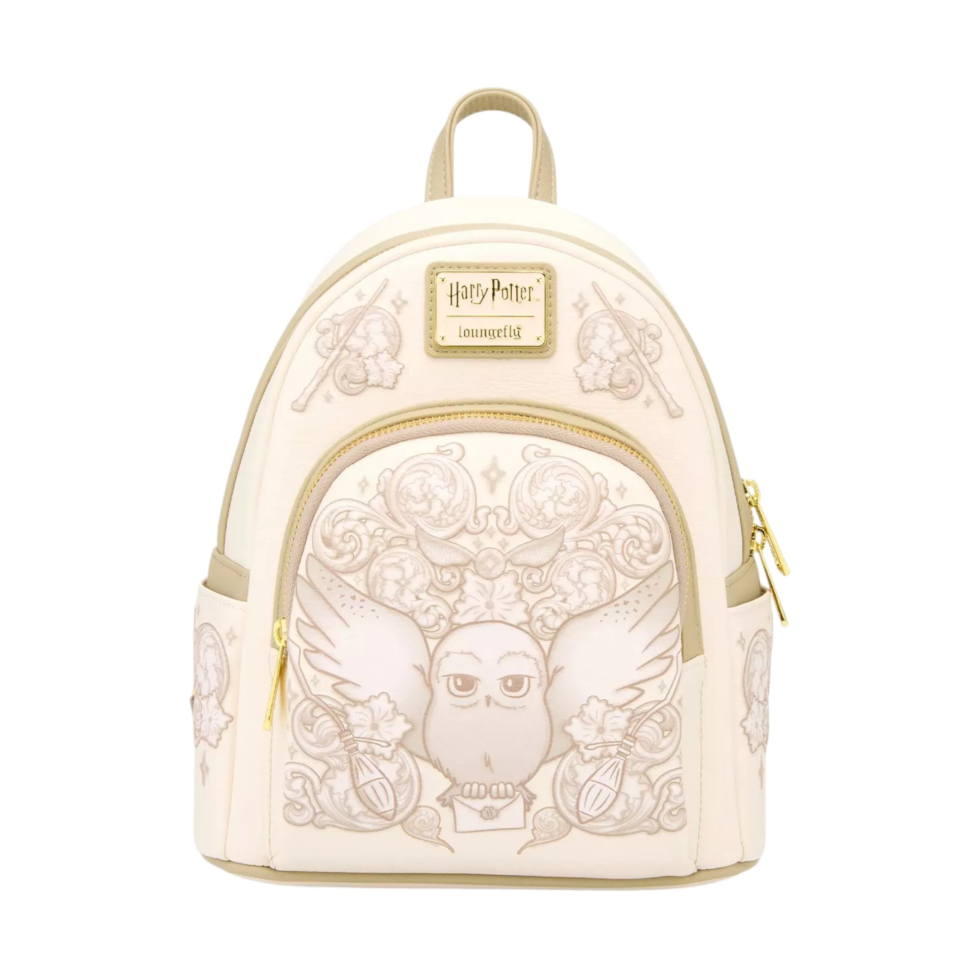 Loungefly Harry Potter Hedwig Ornamental Mini Backpack with Hedwig character design with his wing outstretched with a floral pattern on a white background