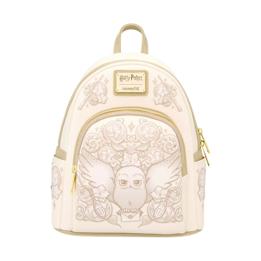 Loungefly Harry Potter Hedwig Ornamental Mini Backpack with Hedwig character design with his wing outstretched with a floral pattern on a white background