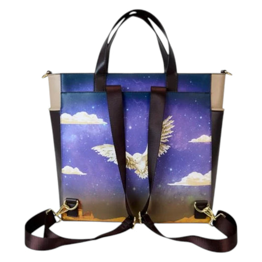 Harry Potter and Hedwig Convertible Tote Bag with a design of Hedwig and landscape on a white background