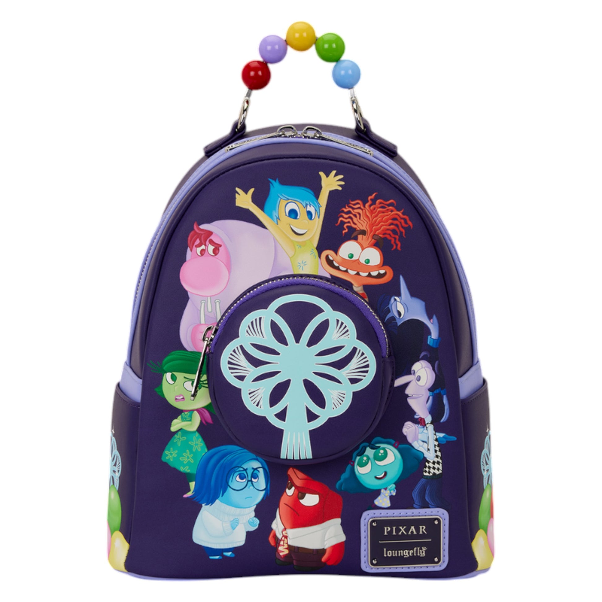 Loungefly Inside Out 2 Light Up Mini Backpack with colorful Inside Out 2 character designs on a white background