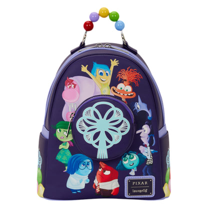 Loungefly Inside Out 2 Light Up Mini Backpack with colorful Inside Out 2 character designs on a white background