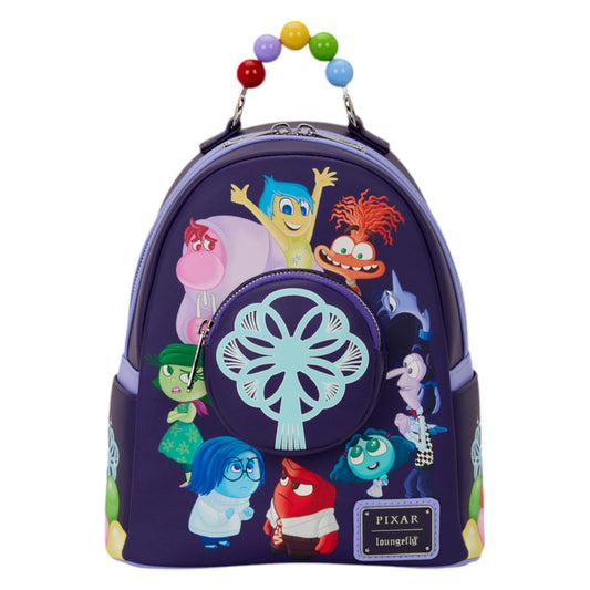 Loungefly Inside Out 2 Light Up Mini Backpack with colorful Inside Out 2 character designs on a white background