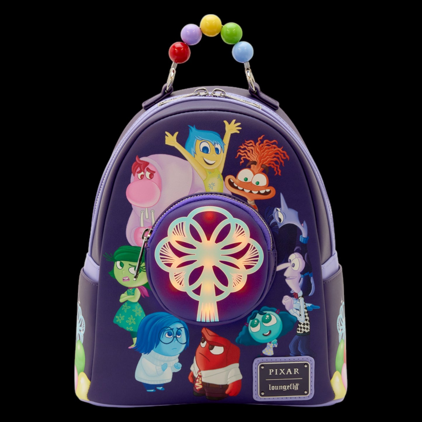 Glowing Loungefly Inside Out 2 Light Up Mini Backpack with colorful Inside Out 2 character designs on a black background