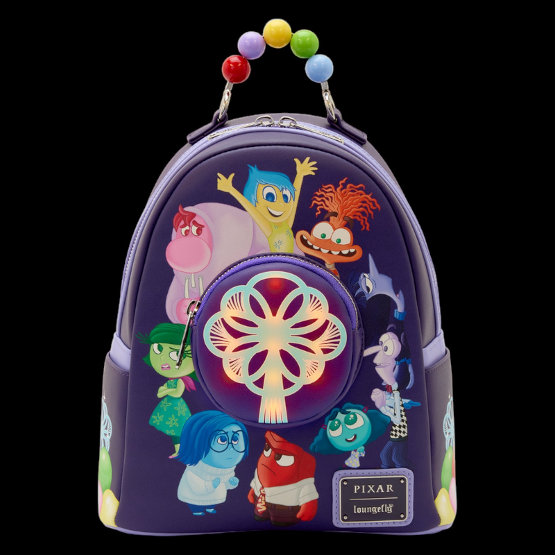 Glowing Loungefly Inside Out 2 Light Up Mini Backpack with colorful Inside Out 2 character designs on a black background