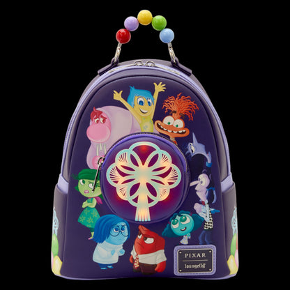 Glowing Loungefly Inside Out 2 Light Up Mini Backpack with colorful Inside Out 2 character designs on a black background