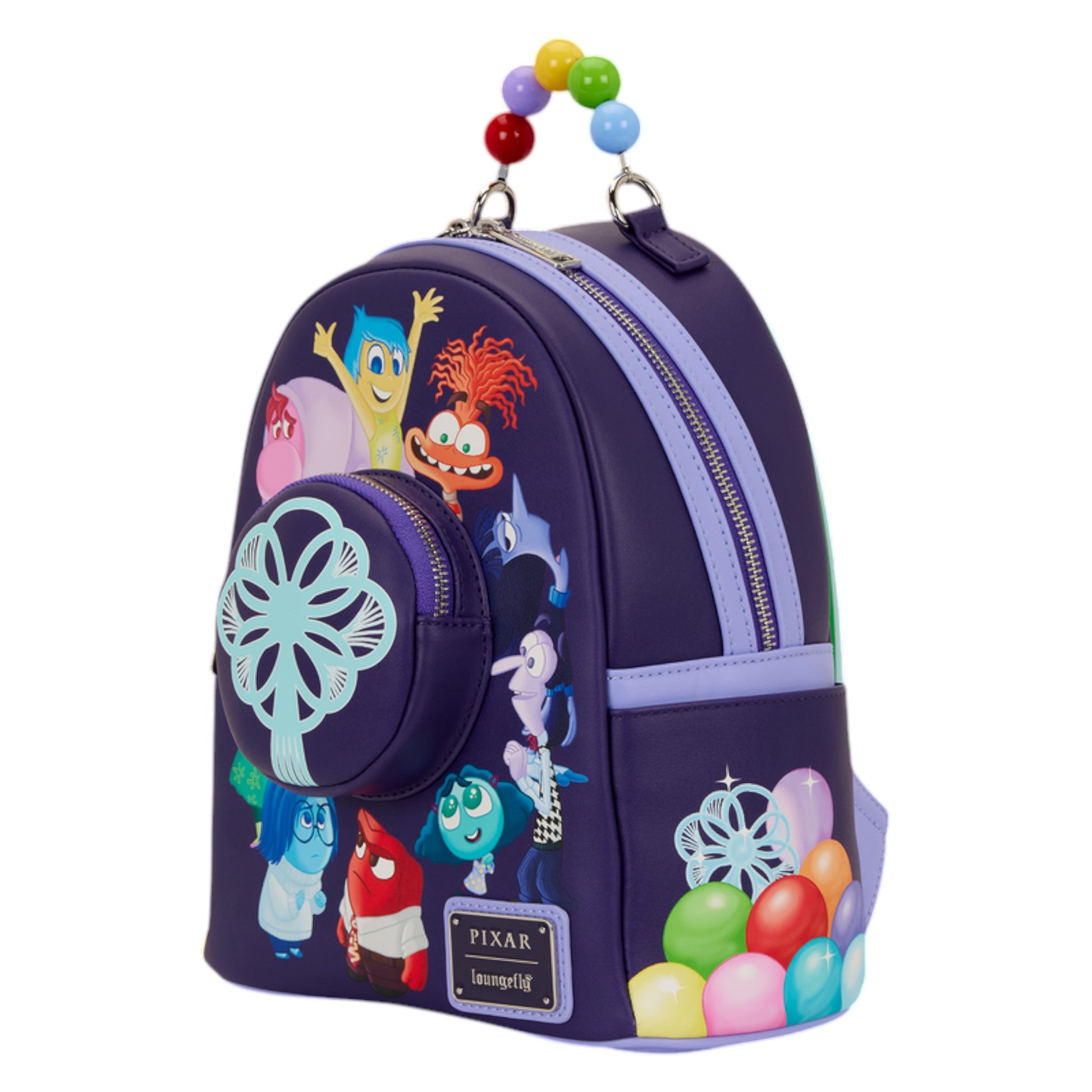 Loungefly Inside Out 2 Light Up Mini Backpack with colorful Inside Out 2 character designs on a white background