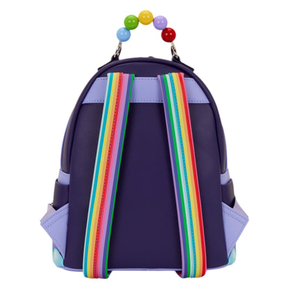 Back of Loungefly Inside Out 2 Light Up Mini Backpack with colorful Inside Out 2 with colorful straps and beads in the top handle on a white background