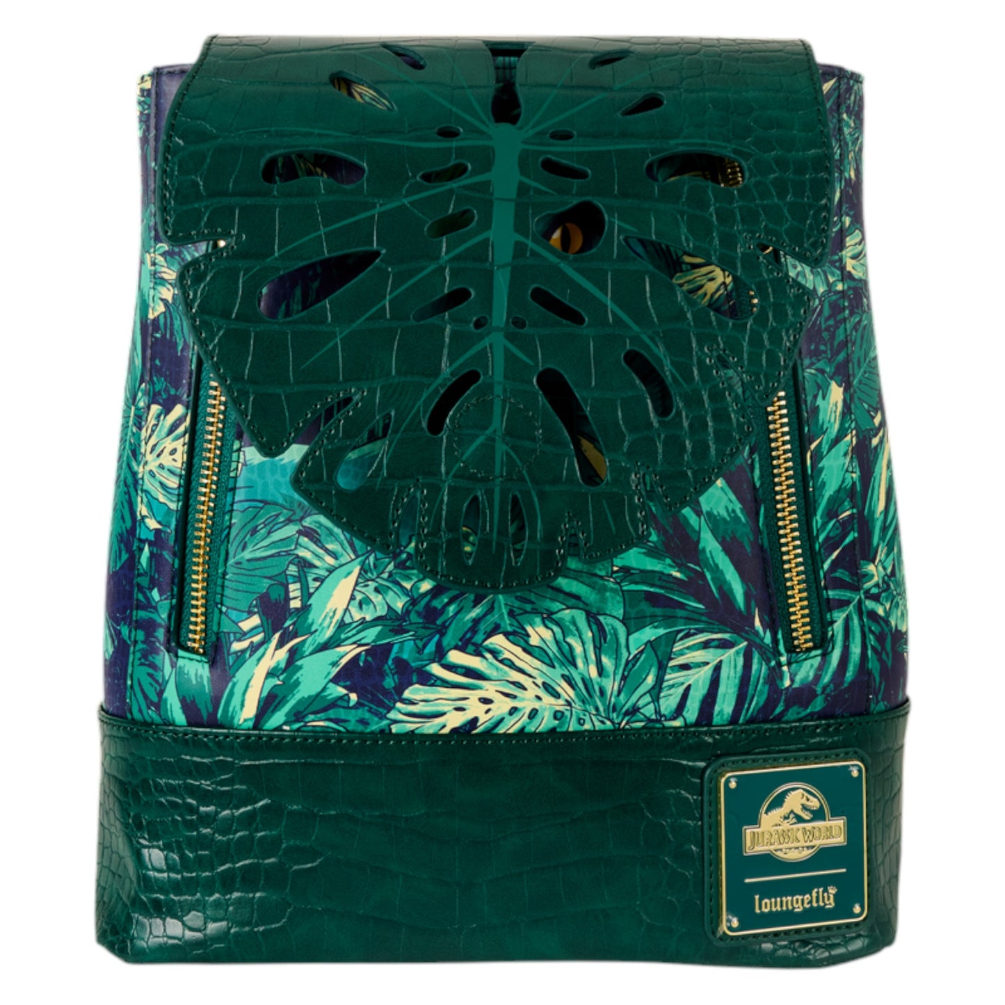 Loungefly New Jurassic World Jungle Velociraptor Glow Drawstring Mini Backpack with leaf foliage flap and eye peeking out of hole on a white background