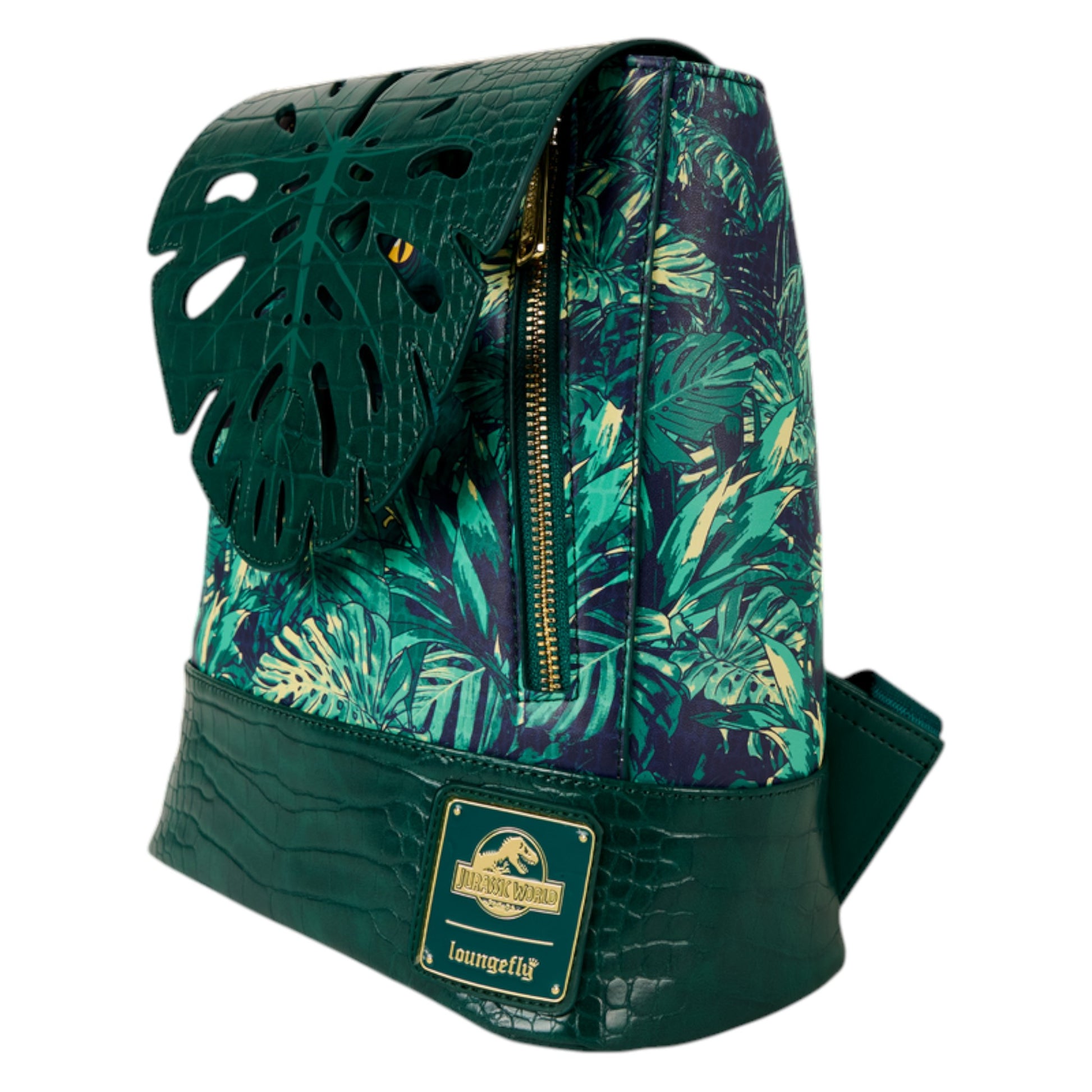 Loungefly New Jurassic World Jungle Velociraptor Glow Drawstring Mini Backpack with leaf foliage flap and eye peeking out of hole on a white background