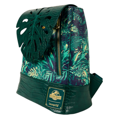 Loungefly New Jurassic World Jungle Velociraptor Glow Drawstring Mini Backpack with leaf foliage flap and eye peeking out of hole on a white background