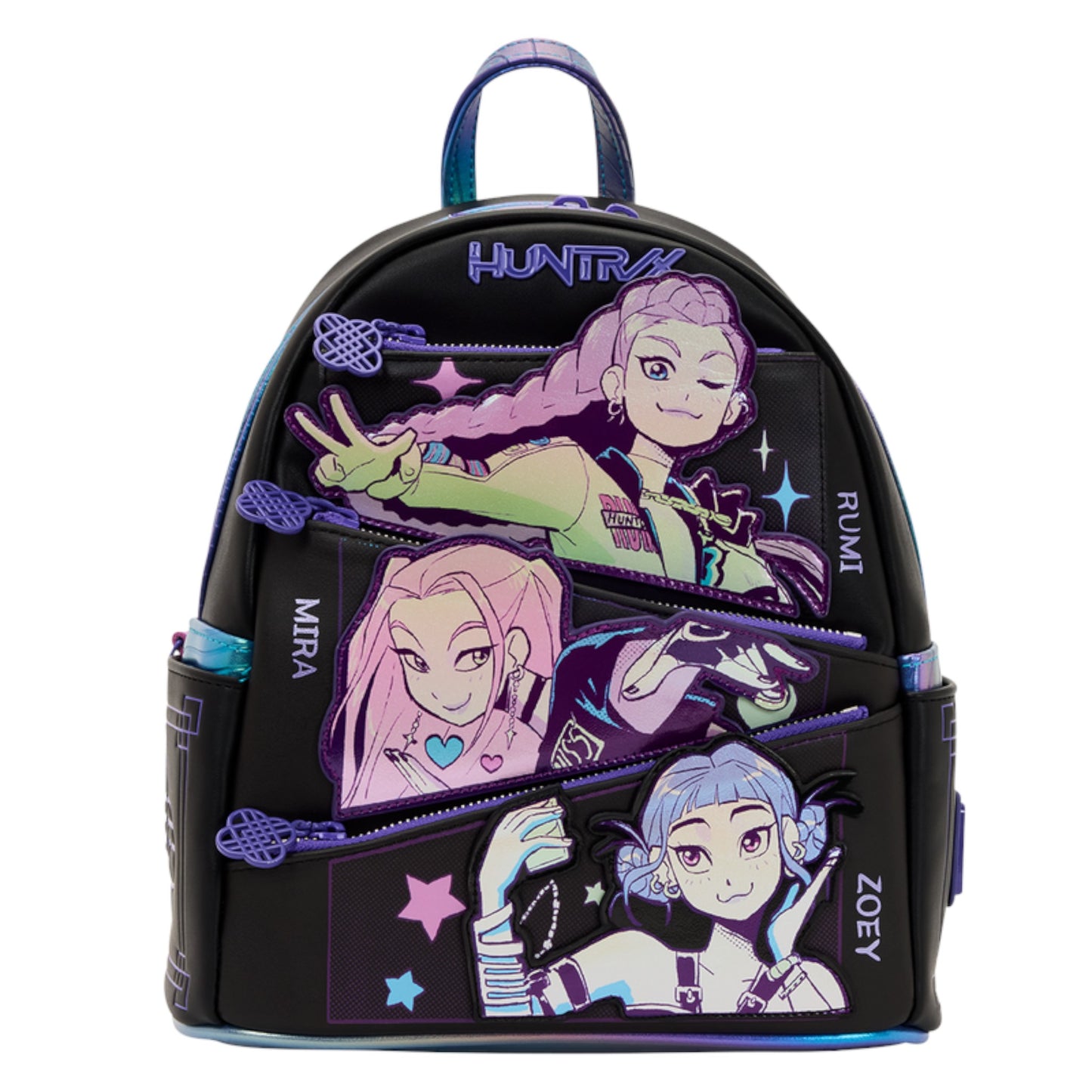 KPop Demon Hunters Huntr/x Mini Backpack with animated character designs on a white background
