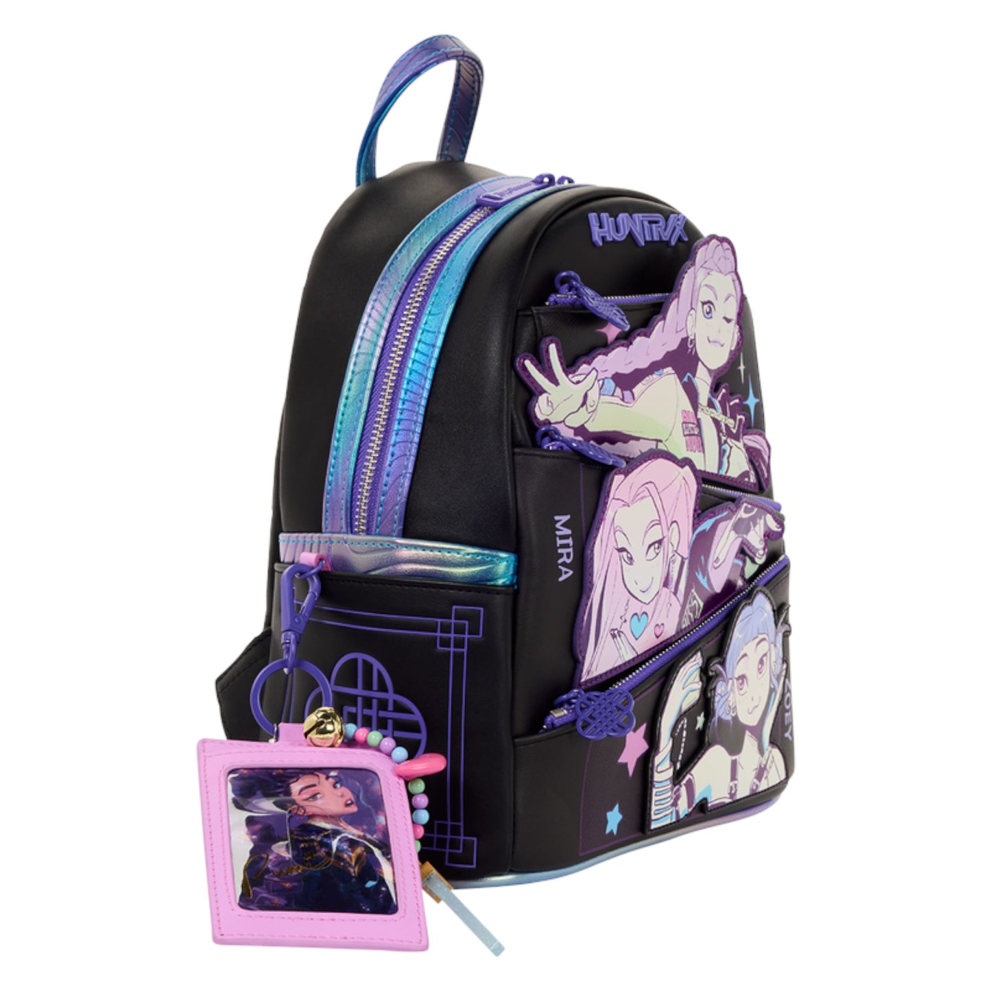 Black KPop Demon Hunters Huntr/x Mini Backpack with character designs and a pink tag on a white background