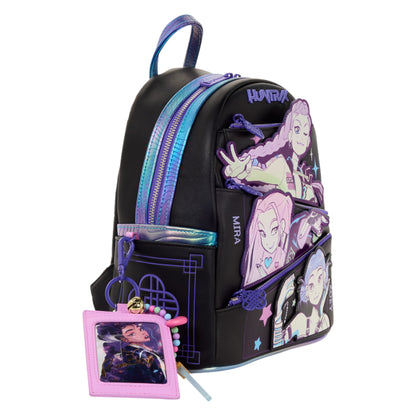 Black KPop Demon Hunters Huntr/x Mini Backpack with character designs and a pink tag on a white background