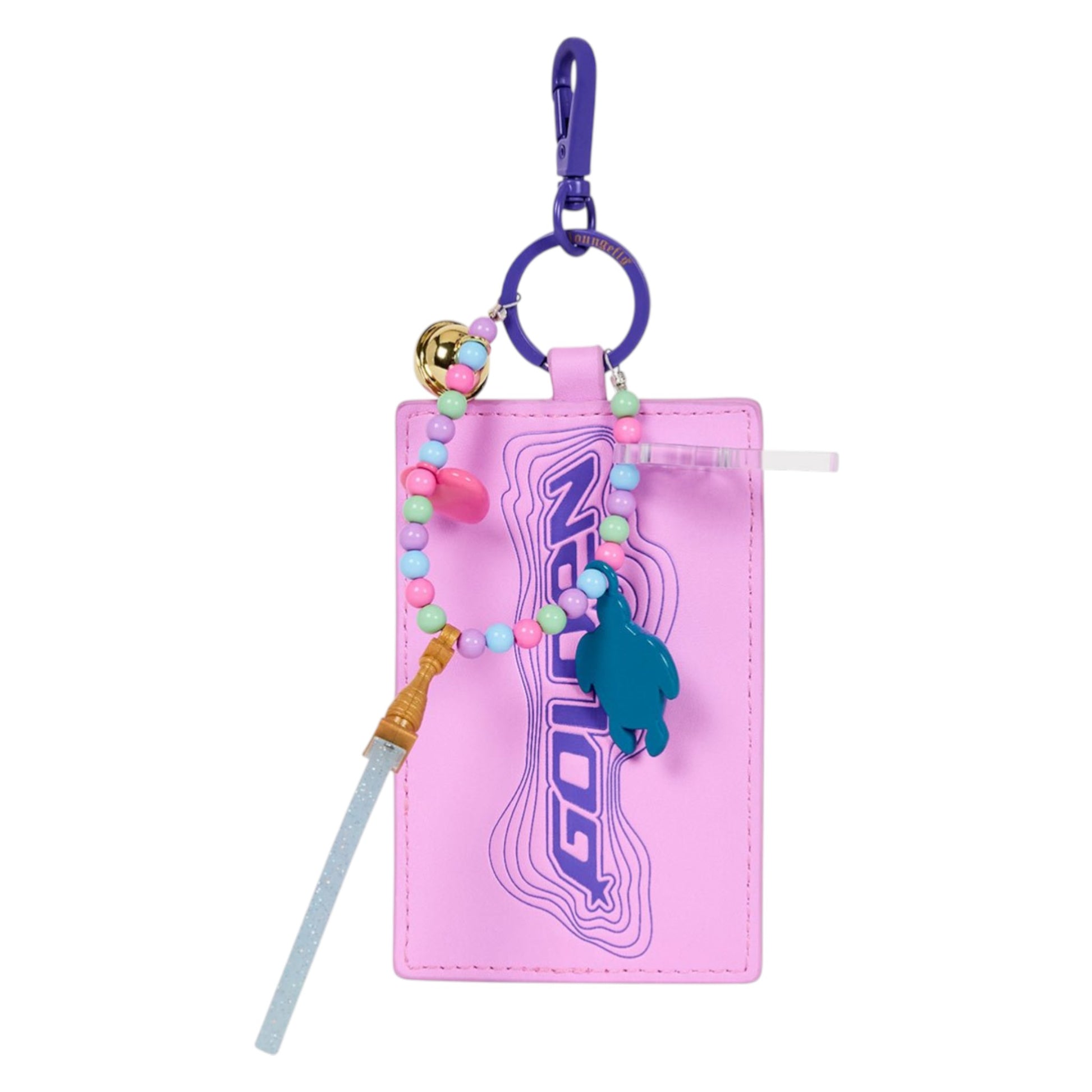 Pink keychain with colorful beads and a blue fish charm on a white background