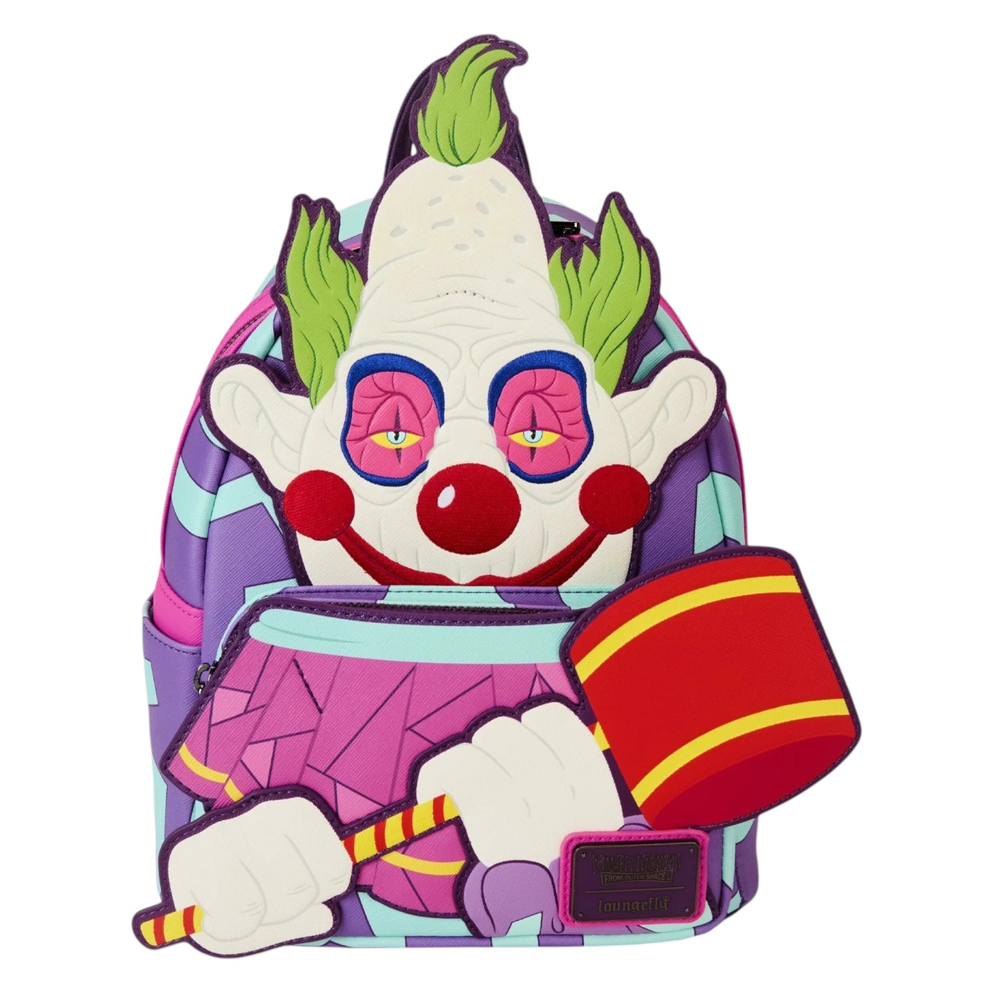 Colorful Loungefly Killer Klowns from Outer Space Jumbo Cosplay Mini Backpack with Jumbo design on a white background
