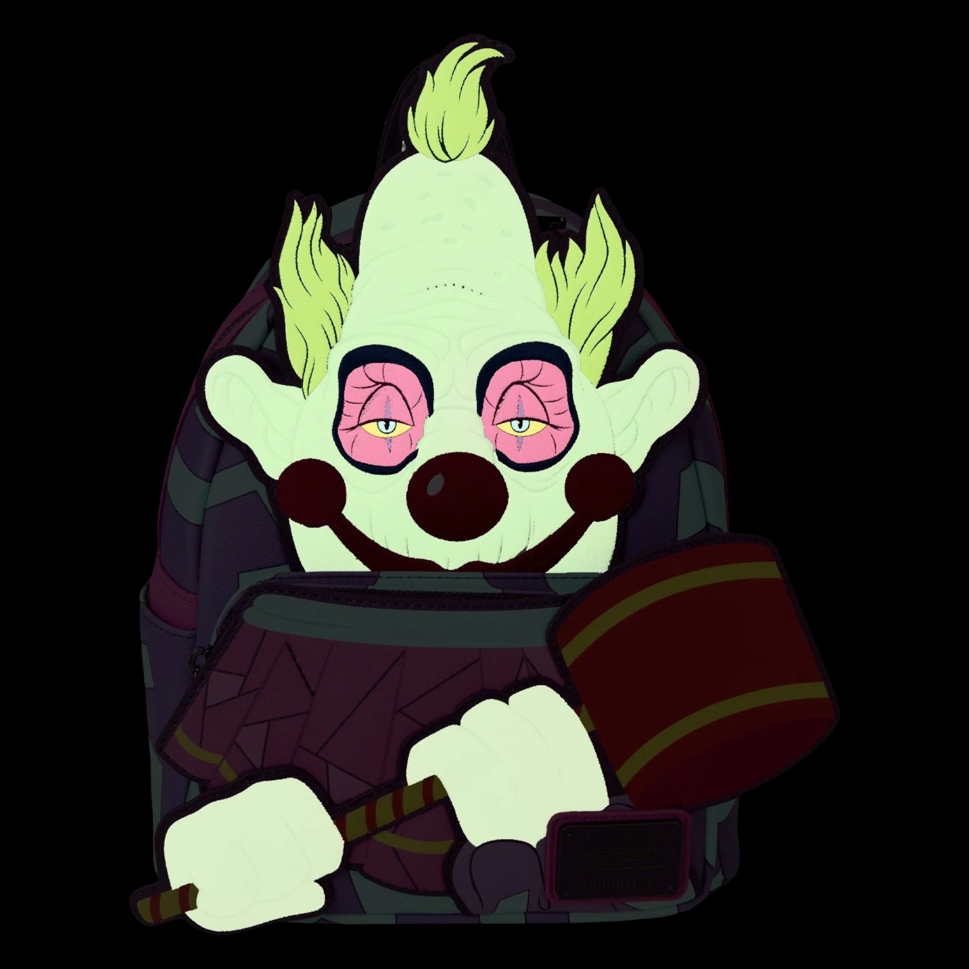 Glowing Loungefly Killer Klowns from Outer Space Jumbo Cosplay Mini Backpack on a dark surface.