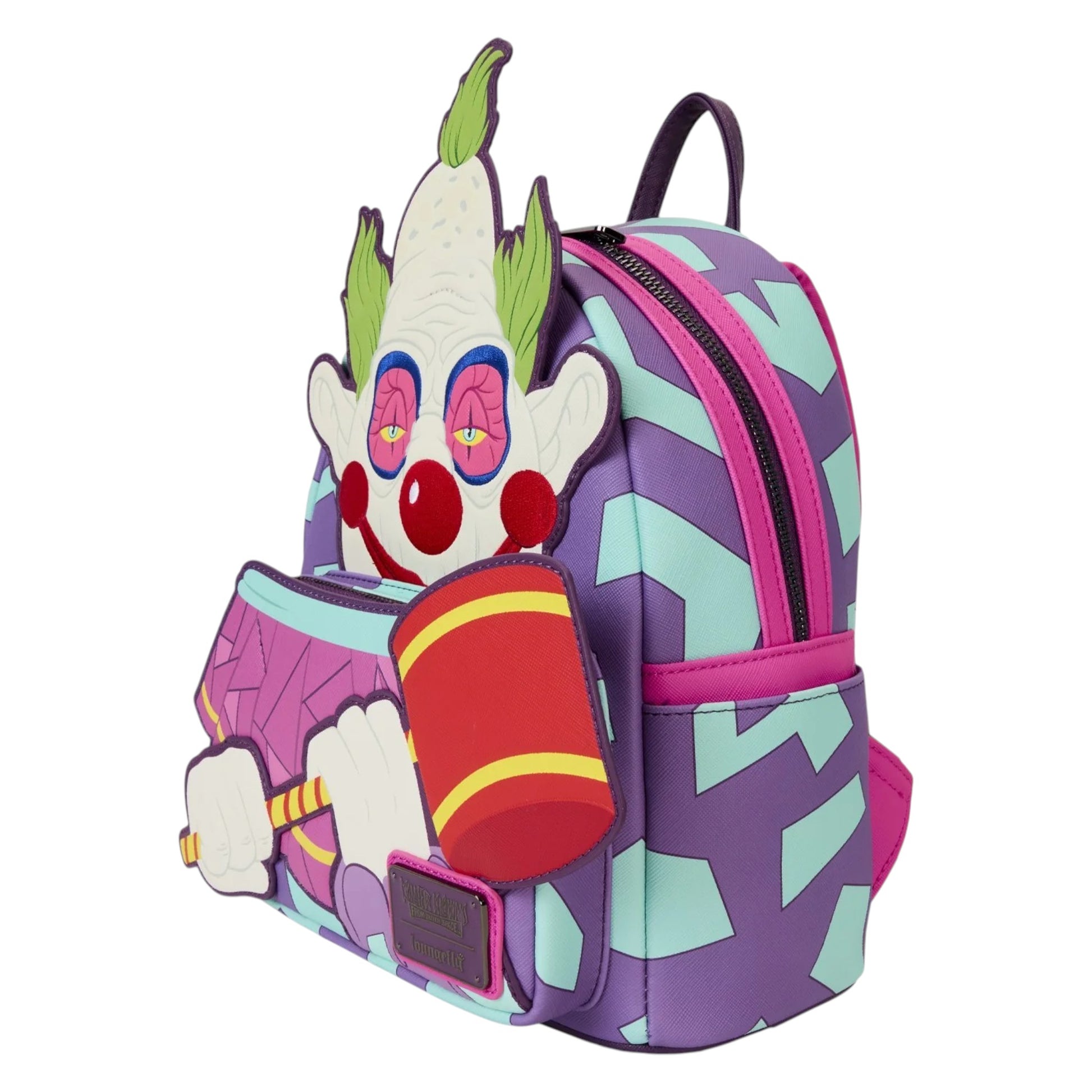 Colorful Loungefly Killer Klowns from Outer Space Jumbo Cosplay Mini Backpack on a white background