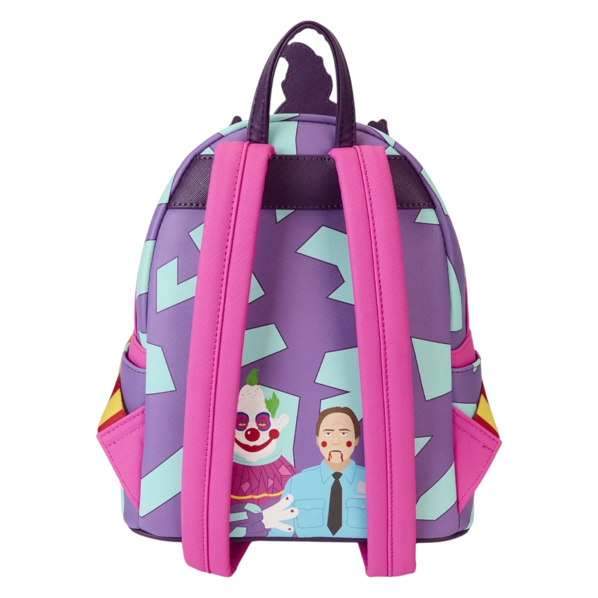 Loungefly Killer Klowns from Outer Space Jumbo Cosplay Mini Backpack with colorful design and characters on a white background